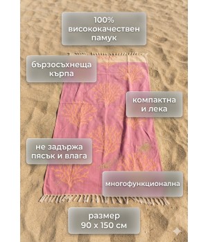 Бързосъхнеща памучна кърпа за плаж, за баня Корал, 90 х 150 см, двулицева Бързосъхнеща памучна кърпа за плаж, за баня Корал, 90 х 150 см, двулицева